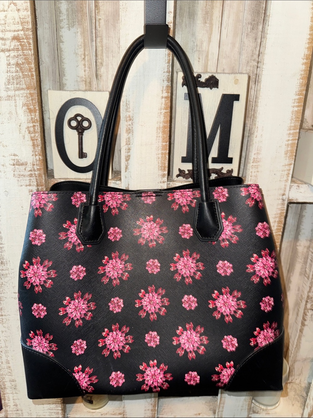 Michael Kors Black Tote with Pink Floral Pattern - Picture 2 of 8